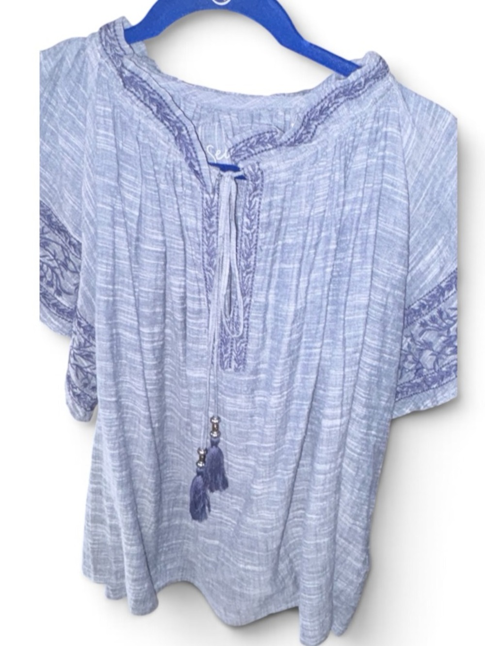 Kyla Seo Light Blue Peasant Blouse with Embroidered Sleeves and Tassel Tie